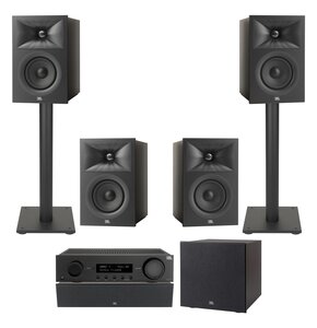 Amplituner JBL MA310 Czarny + Kolumna głośnikowa JBL Stage 2 240 B Czarny (4 szt.) + Głośnik centralny JBL Stage 2 245C Czarny (1 szt.) + Subwoofer JBL Stage 2 200 P Czarny + Stojaki do głośników JBL Stage FS Czarny (2 szt.)