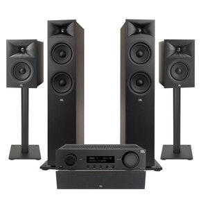 Amplituner JBL MA510 Czarny + Kolumny głośnikowe JBL Stage 2 260F Czarny (2 szt.) + Kolumna głośnikowa JBL Stage 2 240 B Czarny (2 szt.) + Głośnik centralny JBL Stage 2 245C Czarny (1 szt.) + Stojaki do głośników JBL Stage FS Czarny (2 szt.)