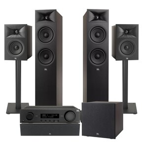 Amplituner JBL MA510 + Kolumny głośnikowe JBL Stage 2 260F (2 szt.) + Kolumna głośnikowa JBL Stage 2 240 B (2 szt.) + Głośnik centralny JBL Stage 2 245C (1 szt.) + Subwoofer JBL Stage 2 200 P + Stojaki do głośników JBL Stage FS (2 szt.) Czarny
