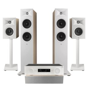 Amplituner JBL MA510 Biały + Kolumny głośnikowe JBL Stage 2 260F Biały (2 szt.) + Kolumna głośnikowa JBL Stage 2 240 B Biały (2 szt.) + Głośnik centralny JBL Stage 2 245C Biały (1 szt.) + Stojaki do głośników JBL Stage FS Biały (2 szt.)