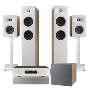 Amplituner JBL MA510 + Kolumny głośnikowe JBL Stage 2 260F (2 szt.) + Kolumna głośnikowa JBL Stage 2 240 B (2 szt.) + Głośnik centralny JBL Stage 2 245C (1 szt.) + Subwoofer JBL Stage 2 200 P + Stojaki do głośników JBL Stage FS (2 szt.) Biały