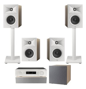 Amplituner JBL MA510 Biały + Kolumna głośnikowa JBL Stage 2 240 B Biały (4 szt.) + Głośnik centralny JBL Stage 2 245C Biały (1 szt.) + Subwoofer JBL Stage 2 200 P Biały + Stojaki do głośników JBL Stage FS Biały (2 szt.)