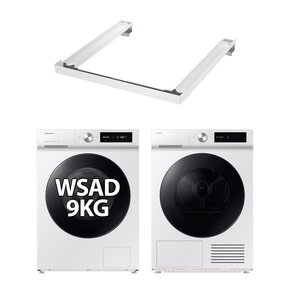 Pralka SAMSUNG BESPOKE WW90DB7U34GWU4 9kg 1400 obr AI EcoBubble Energy Mode + Suszarka SAMSUNG BESPOKE AI DV90DB7845GWU4 z pompą ciepła + Łącznik SAMSUNG SKK-SSW Biały