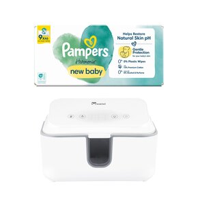Podgrzewacz do nawilżanych chusteczek 2w1 MOMINI - WarmWipes + Chusteczki nawilżane PAMPERS Harmonie New Baby (414 szt.)