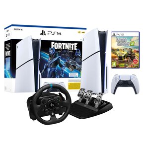 Konsola SONY PlayStation 5 Slim Fortnite Cobalt - Zestaw Startowy + Farming Simulator 25 Gra PS5 + Kierownica LOGITECH G923 PC/PS4