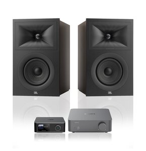 Wzmacniacz WIIM Vibelink Amp Ciemnoszary + Streamer odtwarzacz sieciowy WIIM Ultra Szary + Podstawkowe kolumny głośnikowe JBL STAGE 2 250B Czarne (2 szt.), Obudowa MDF, Bas Reflex, Tweeter z anodyzowanego aluminium