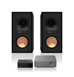 Wzmacniacz WIIM Vibelink Amp Ciemnoszary + Odtwarzacz sieciowy WIIM Pro Plus + Podstawkowe kolumny głośnikowe KLIPSCH R-50M Czarne (2 szt.), Obudowa MDF, Typ Bass Reflex, Membrana TCP w kolorze miedzi