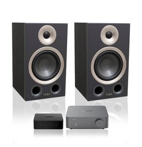 Wzmacniacz WIIM Vibelink Amp Ciemnoszary + Odtwarzacz sieciowy WIIM Pro Plus + Podstawkowe kolumny głośnikowe TAGA HARMONY AZURE B-40 v.3 Czarne (2 szt.), Obudowa MDF, Taga Dynamic Surround Control