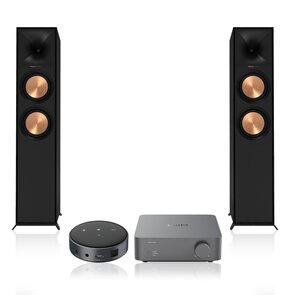 Wzmacniacz WIIM Vibelink Amp Ciemnoszary + Odtwarzacz sieciowy ARYLIC WiiM Mini Czarny + Podłogowa kolumna głośnikowa KLIPSCH R-600F Czarna (2 szt.), Obudowa MDF, Typ Bass Reflex, Port Tractrix, Miedziane membrany