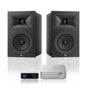 Wzmacniacz WIIM Vibelink Amp Srebrny + Streamer odtwarzacz sieciowy WIIM Ultra Srebrny + Podstawkowe kolumny głośnikowe JBL STAGE 2 250B Czarne (2 szt.), Obudowa MDF, Bas Reflex, Tweeter z anodyzowanego aluminium