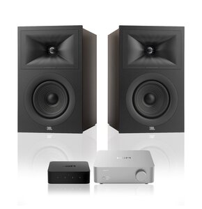 Wzmacniacz WIIM Vibelink Amp Srebrny + Odtwarzacz sieciowy WIIM Pro Plus + Podstawkowe kolumny głośnikowe JBL STAGE 2 250B Czarne (2 szt.), Obudowa MDF, Bas Reflex, Tweeter z anodyzowanego aluminium