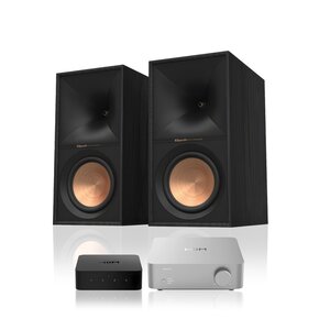 Wzmacniacz WIIM Vibelink Amp Srebrny + Odtwarzacz sieciowy WIIM Pro Plus + Kolumny głośnikowe KLIPSCH R-60M Czarny (2 szt.)