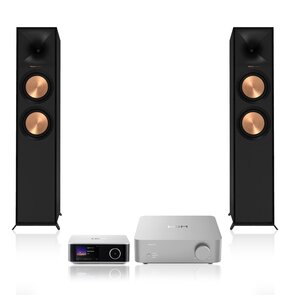 Wzmacniacz WIIM Vibelink Amp Srebrny + Streamer odtwarzacz sieciowy WIIM Ultra Srebrny + Podłogowa kolumna głośnikowa KLIPSCH R-600F Czarna (2 szt.), Obudowa MDF, Typ Bass Reflex, Port Tractrix, Miedziane membrany