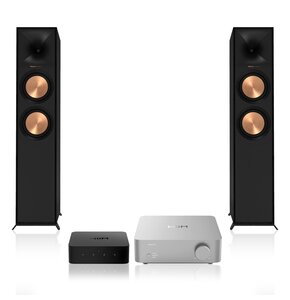 Wzmacniacz WIIM Vibelink Amp Srebrny + Odtwarzacz sieciowy WIIM Pro Plus + Podłogowa kolumna głośnikowa KLIPSCH R-600F Czarna (2 szt.), Obudowa MDF, Typ Bass Reflex, Port Tractrix, Miedziane membrany