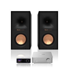 Wzmacniacz WIIM Vibelink Amp Srebrny + Streamer odtwarzacz sieciowy WIIM Ultra Srebrny + Podstawkowe kolumny głośnikowe KLIPSCH R-50M Czarne (2 szt.), Obudowa MDF, Typ Bass Reflex, Membrana TCP w kolorze miedzi
