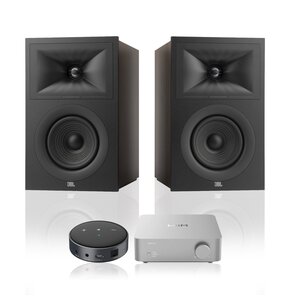 Wzmacniacz WIIM Vibelink Amp Srebrny + Odtwarzacz sieciowy ARYLIC WiiM Mini Czarny + Podstawkowe kolumny głośnikowe JBL STAGE 2 250B Czarne (2 szt.), Obudowa MDF, Bas Reflex, Tweeter z anodyzowanego aluminium