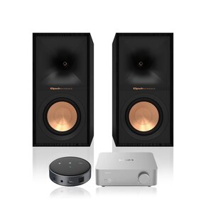 Wzmacniacz WIIM Vibelink Amp Srebrny + Odtwarzacz sieciowy ARYLIC WiiM Mini Czarny + Podstawkowe kolumny głośnikowe KLIPSCH R-50M Czarne (2 szt.), Obudowa MDF, Typ Bass Reflex, Membrana TCP w kolorze miedzi