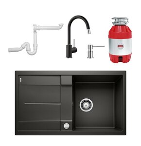 Zlewozmywak BLANCO Metra 5 S + Bateria BLANCO Mida-S + Młynek do rozdrabniania odpadów FRANKE Turbo Elite + Dozownik BLANCO Lato + Syfon do zlewozmywaków BLANCO
