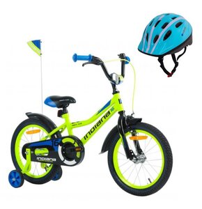 Rower dziecięcy INDIANA Rock Kid 16 cali dla chłopca Limonkowy + Kask rowerowy VÖGEL VKA-910B Niebieski dla Dzieci (rozmiar S)