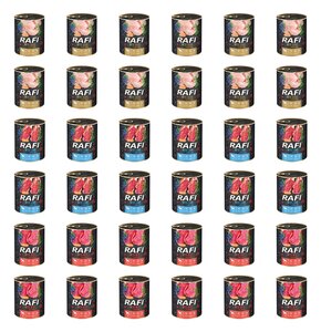 Karma dla psa RAFI Mix smaków z przepiórką, jagnięciną, wołowiną, borówką i żurawiną 36 x 800 g