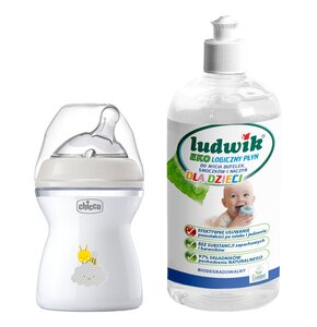 Butelka CHICCO NaturalFeeling 250 ml Szary + Płyn do mycia butelek i smoczków LUDWIK CG1010102ZEKL0121 475 ml