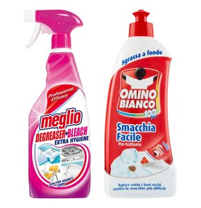 Płyn odtłuszczająco-wybielający MEGLIO 750 ml + Odplamiacz OMINO BIANCO Smacchia Facile 500 ml