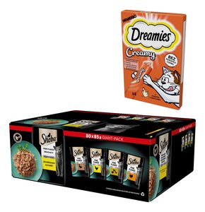 Karma dla kota SHEBA Drobiowe smaki (80 x 85 g) + Przysmak dla kota DREAMIES Creamy Kurczak (4 x 10 g)