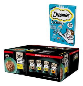 Karma dla kota SHEBA Drobiowe smaki (80 x 85 g) + Przysmak dla kota DREAMIES Creamy Łosoś (4 x 10 g)