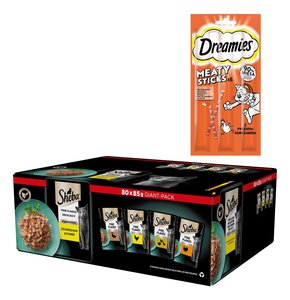 Karma dla kota SHEBA Drobiowe smaki (80 x 85 g) + Przysmak dla kota DREAMIES Meaty Sticks Kurczak 30 g