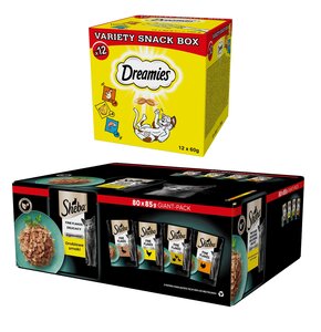 Karma dla kota SHEBA Drobiowe smaki (80 x 85 g) + Przysmak dla kota DREAMIES Mix smaków (12 x 60 g)