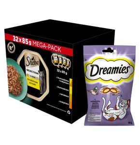 Karma dla kota SHEBA Select Slices Drobiowe smaki (32 x 85 g) + Przysmak dla kota DREAMIES Kaczka 60 g