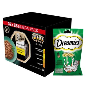 Karma dla kota SHEBA Select Slices Drobiowe smaki (32 x 85 g) + Przysmak dla kota DREAMIES z Nutą Kocimiętki 60 g