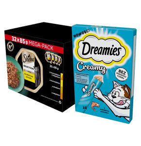 Karma dla kota SHEBA Select Slices Drobiowe smaki (32 x 85 g) + Przysmak dla kota DREAMIES Creamy Łosoś (4 x 10 g)