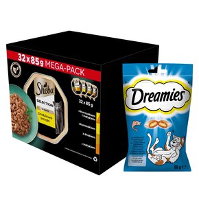 Karma dla kota SHEBA Select Slices Drobiowe smaki (32 x 85 g) + Przysmak dla kota DREAMIES Łosoś 60 g