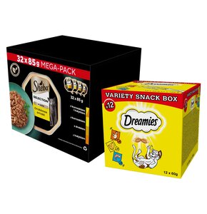 Karma dla kota SHEBA Select Slices Drobiowe smaki (32 x 85 g) + Przysmak dla kota DREAMIES Mix smaków (12 x 60 g)