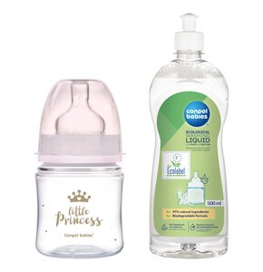Butelka CANPOL BABIES Easy Start Royal Baby 120 ml Różowy + Płyn CANPOL BABIES do mycia smoczków i butelek 500 ml
