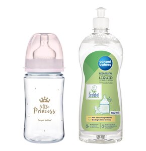 Butelka CANPOL BABIES Easy Start Royal Baby 240 ml Różowy + Płyn CANPOL BABIES do mycia smoczków i butelek 500 ml