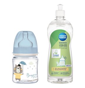 Butelka CANPOL BABIES EasyStart Bonjour Paris 120 ml Niebieski + Płyn CANPOL BABIES do mycia smoczków i butelek 500 ml
