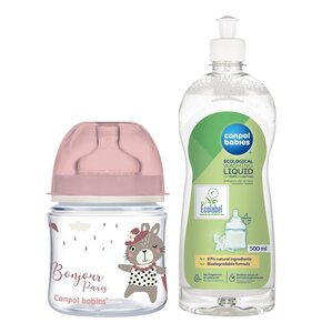 Butelka CANPOL BABIES EasyStart Bonjour Paris 120 ml Różowy + Płyn CANPOL BABIES do mycia smoczków i butelek 500 ml