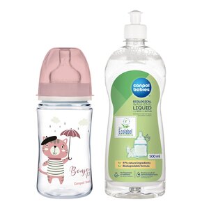 Butelka CANPOL BABIES Easy Start Bonjour Paris 240 ml Różowy + Płyn CANPOL BABIES do mycia smoczków i butelek 500 ml