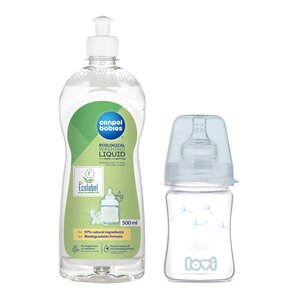 Butelka LOVI Diamond Glass 74 105 150 ml Przezroczysty + Płyn CANPOL BABIES do mycia smoczków i butelek 500 ml
