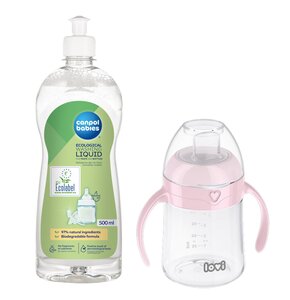 Butelka LOVI 35 353 Różowy + Płyn CANPOL BABIES do mycia smoczków i butelek 500 ml