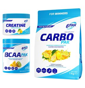 Odżywka węglowodanowa 6PAK Carbo Pak Cytrynowy (1000 g) + Monohydrat kreatyny 6PAK Cytrynowy (300 g) + Aminokwasy BCAA 6PAK Pak Kiwi-pomarańczowy (400 g)