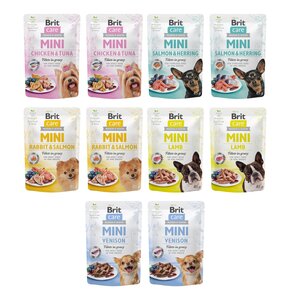 Mix smaków karm dla psa Brit CARE Mini Jagnięcina, Dziczyzna, Królik z łososiem, Kurczak z tuńczykiem, Łosoś ze śledziem 10 x 85 g