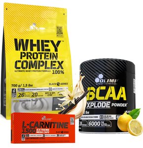 Zestaw wspomagający redukcję OLIMP Odżywka białkowa Protein Complex 100% Waniliowy (700 g) + Aminokwasy BCAA Xplode Powder Cytrynowy (280 g) + Spalacz tłuszczu L-Carnitine 1500 Extreme Mega Caps (120 kapsułek)