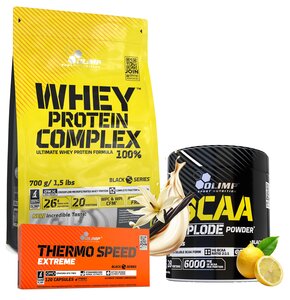 Zestaw wspomagający redukcję OLIMP Whey Protein Complex 100% Waniliowy (700 g) + Spalacz tłuszczu Thermo Speed Extreme Mega Caps (120 kapsułek) + Aminokwasy BCAA Xplode Powder Cytrynowy (280 g)