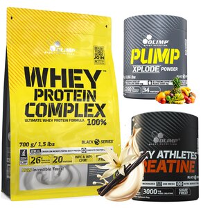 Zestaw na masę OLIMP Odżywka białkowa Whey Protein Complex 100% Waniliowy (700 g) + Monohydrat kreatyny Rocky Athletes Creatine (200 g) + Przedtreningówka Pump Xplode Powder Owocowy (300 g)
