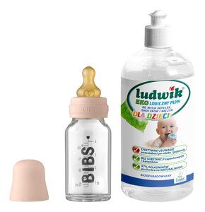 Butelka BIBS Baby Glass Bottle Blush 110 ml + Płyn do mycia butelek i smoczków LUDWIK CG1010102ZEKL0121 475 ml
