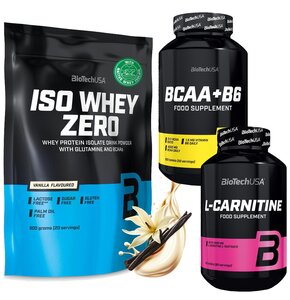 Zestaw wspomagający redukcję BIOTECH Odżywka białkowa Iso Whey Zero Waniliowy (500 g) Bez cukru i laktozy + Spalacz tłuszczu L-Carnitine (60 tabletek) + Aminokwasy BCAA+B6 (200 tabletek)