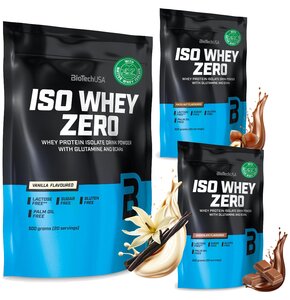 Odżywki białkowe BIOTECH Bez cukru i laktozy mix smaków Iso Whey Zero Waniliowy (500 g) + Iso Whey Zero Orzechowy (500 g) + Iso Whey Zero Czekoladowy (500 g)